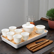 Traditional White Porcelain Tea Set with Wooden Tray - TEAMOO