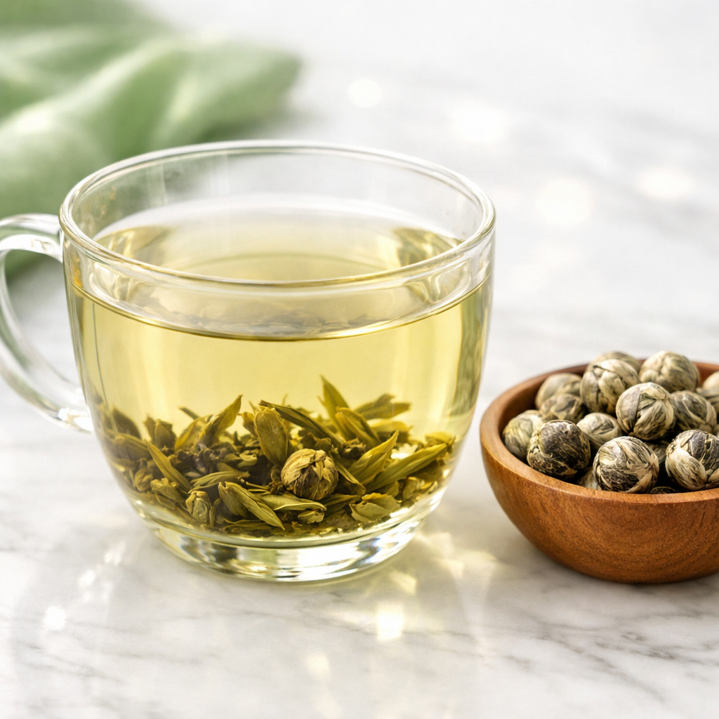 Jasmine Pearl Reserve looseleaf jasmine tea from TEAMOO, featuring delicate pearl-shaped jasmine flowers in a 50g package.