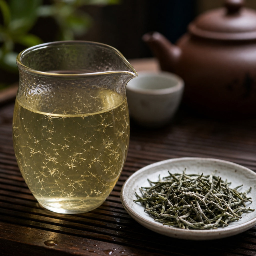 Green tea looseleaf from TEAMOO's Misty Fuzz Tip Collection, 50g, showcasing delicate, traditional tea leaves in a natural setting.