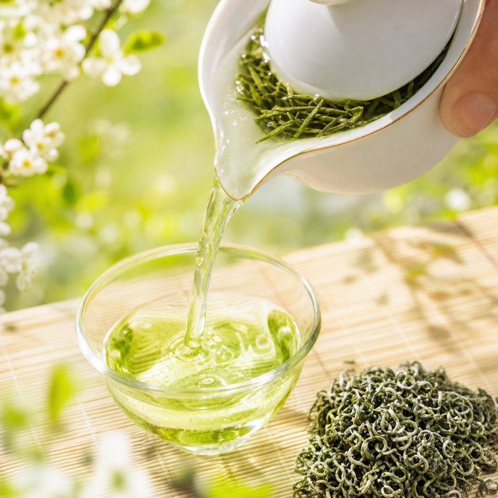 Looseleaf Green Tea Spring Spiral Reserve 50g by TEAMOO, showcasing fresh green tea leaves in a traditional spiral shape.